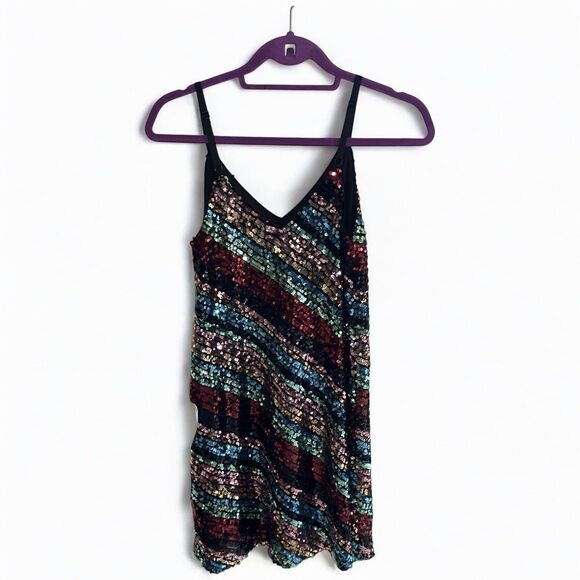 Sequin Mini Dress Medium ALine Bodycon Cocktail Club Party Holiday Lined Sparkle - Picture 2 of 16